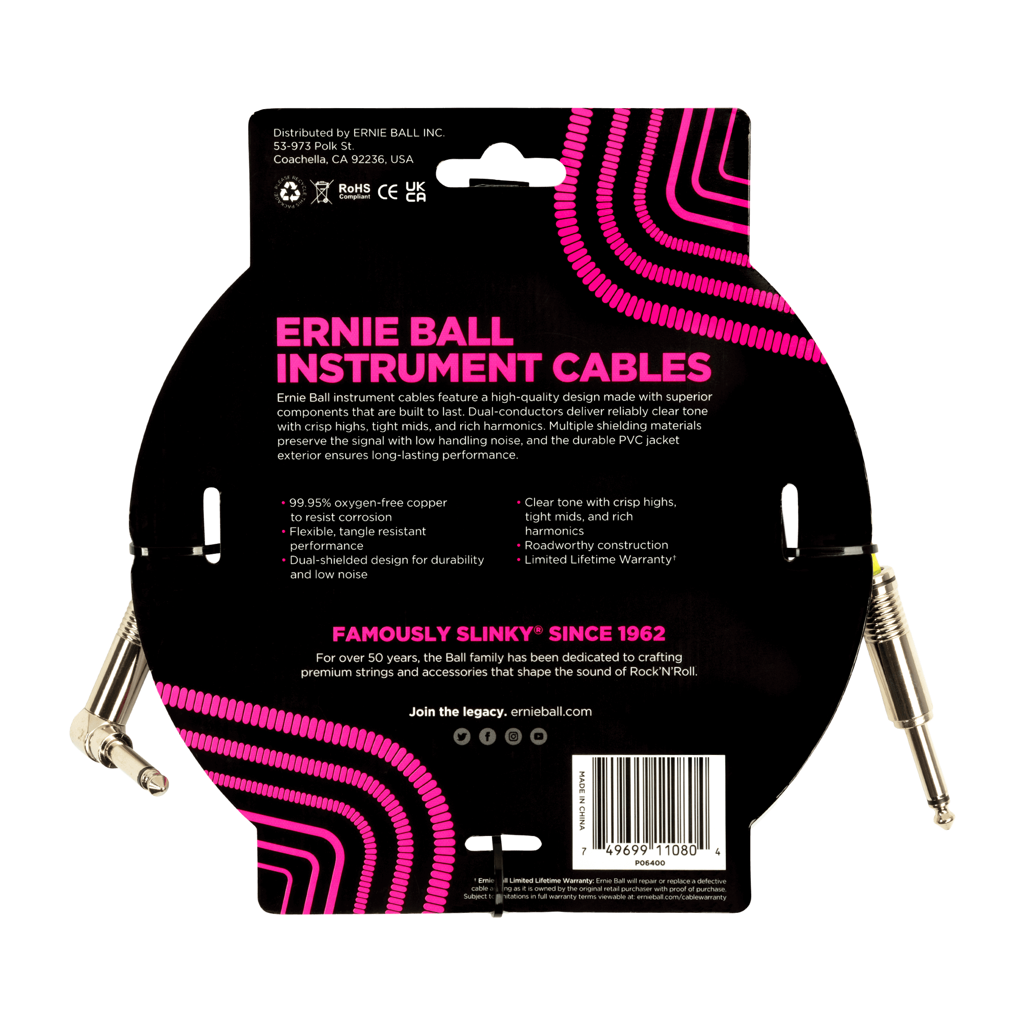 Ernie Ball - Cable de Audio Recto/Angulado, Tamaño: 4.572 Mts., Color: Blanco Mod.6400_17