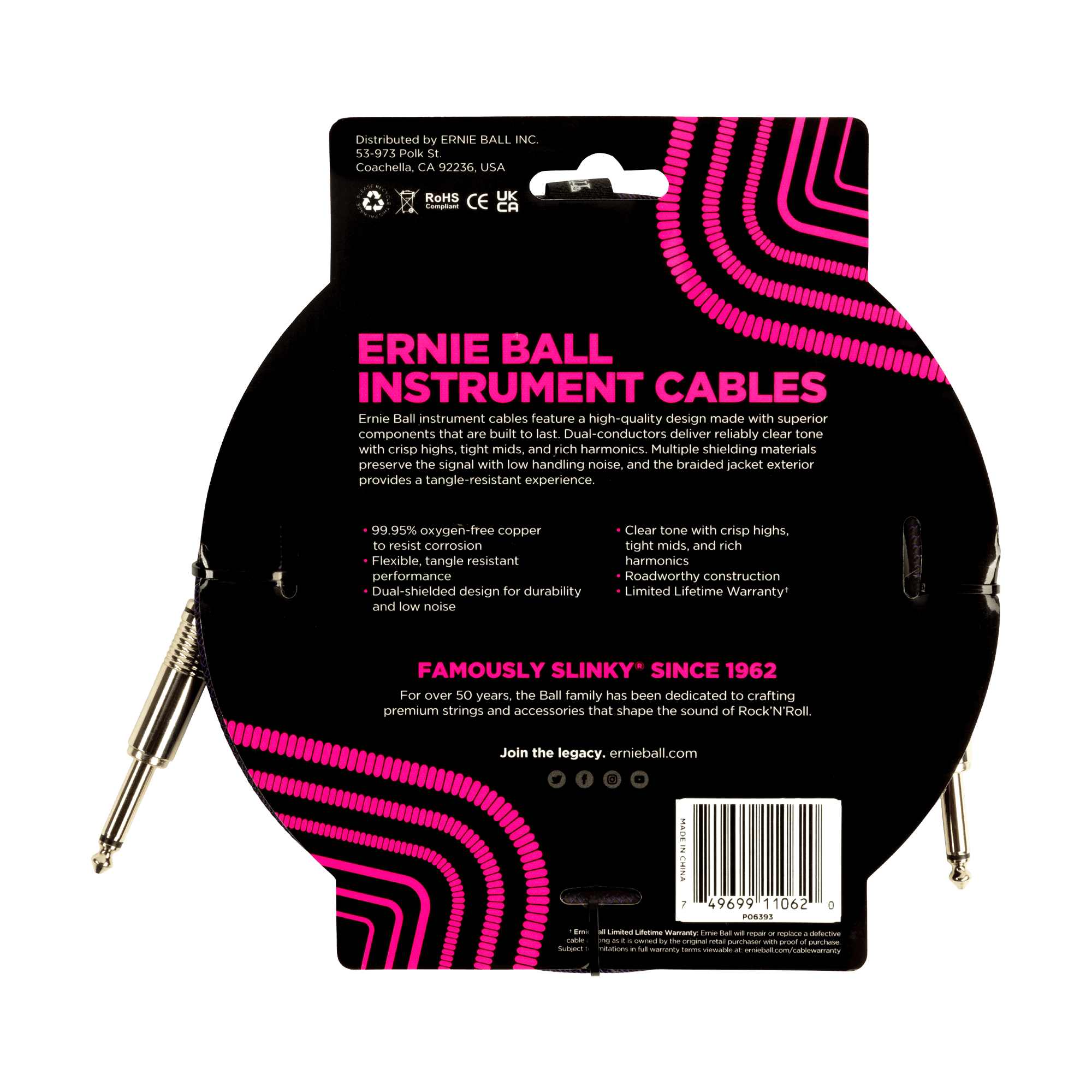 Ernie Ball - Cable de Audio Recto/Recto, Tamaño: 3.048 Mts., Color: Morado/Negro Mod.6393_18