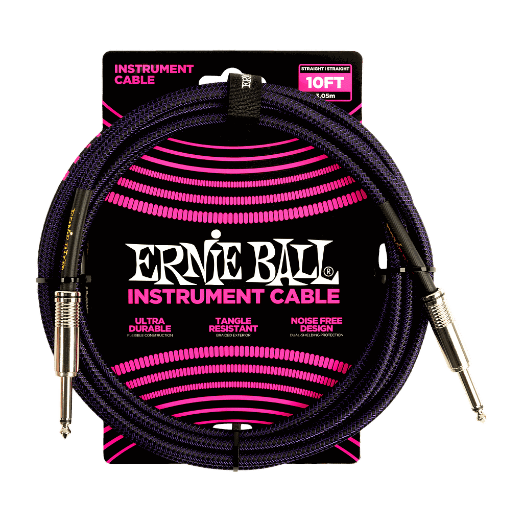 Ernie Ball - Cable de Audio Recto/Recto, Tamaño: 3.048 Mts., Color: Morado/Negro Mod.6393