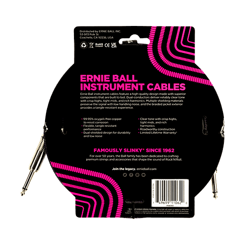 Ernie Ball - Cable de Audio Recto/Recto, Tamaño: 3.048 Mts., Color: Morado/Negro Mod.6393_18