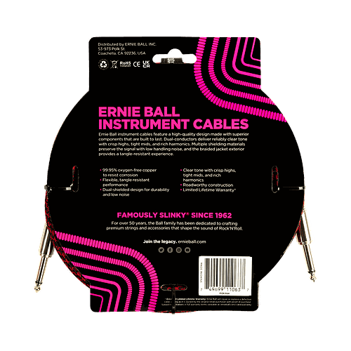 Ernie Ball - Cable de Audio Recto/Recto, Tamaño: 3.048 Mts., Color: Rojo/Negro Mod.6394_19