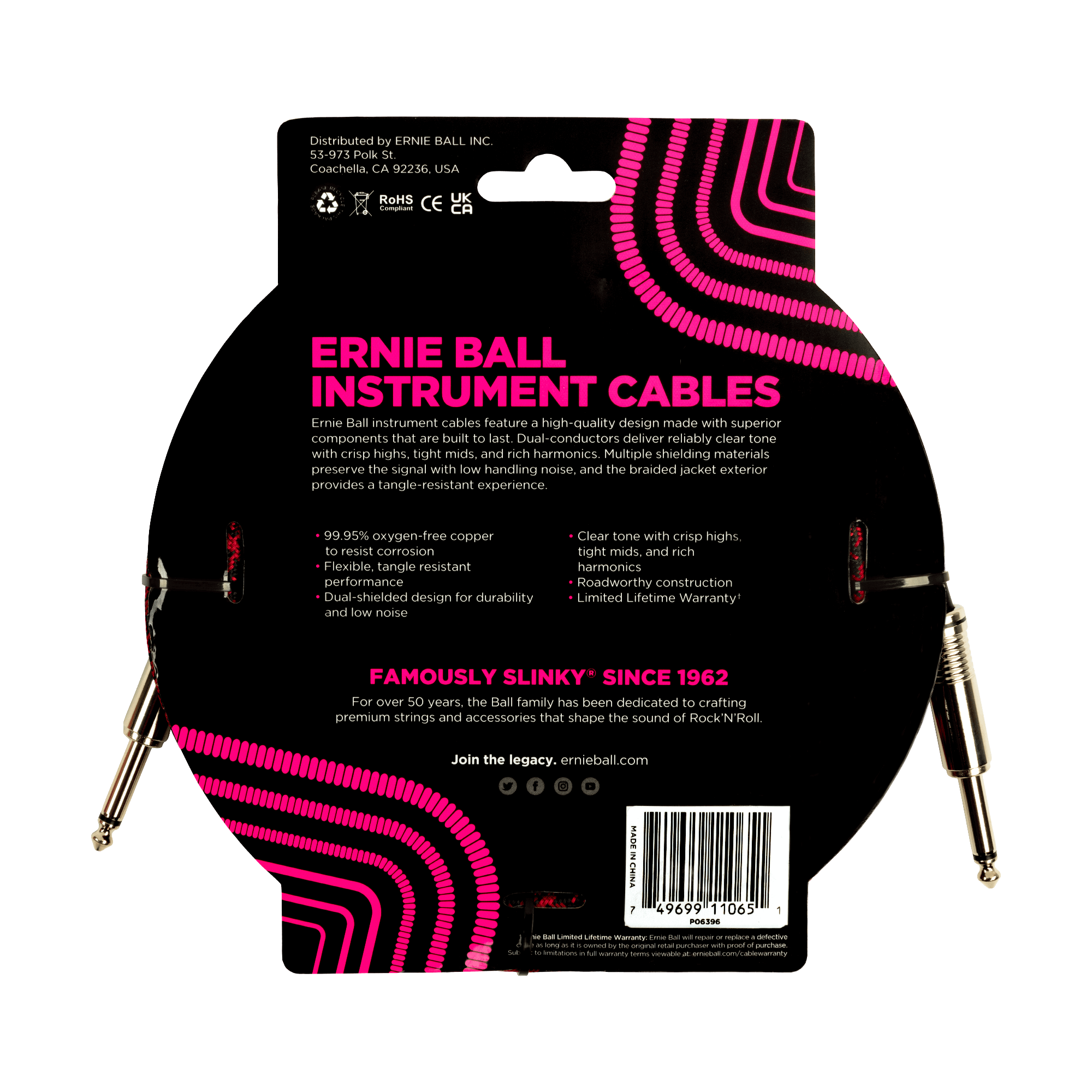 Ernie Ball - Cable de Audio Recto/Recto, Tamaño: 5.486 Mts., Color: Rojo/Negro Mod.6396_22