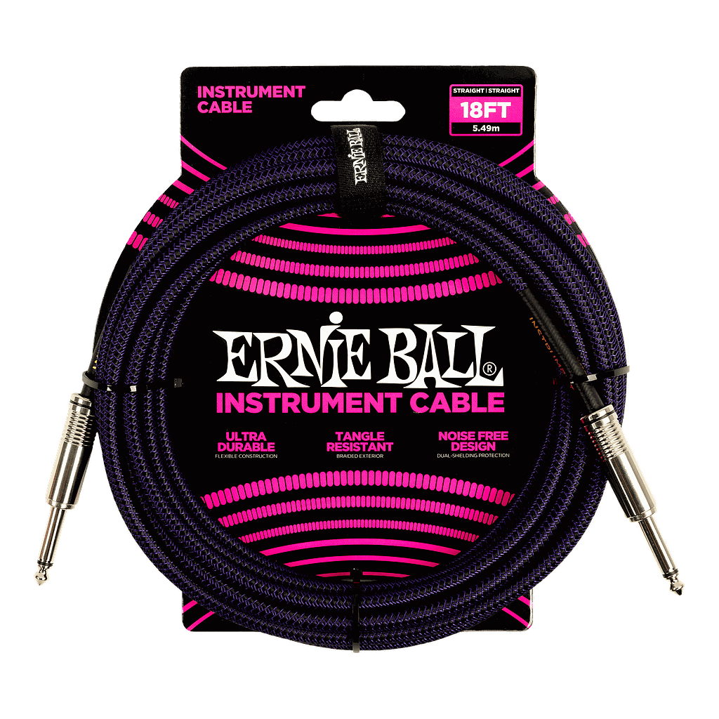 Ernie Ball - Cable de Audio Recto/Recto, Tamaño: 5.486 Mts., Color: Morado/Negro Mod.6395